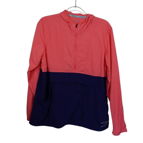 Saucony x Fleet Feet Large Jacket Pink Blue Women's Track Anorak Pull Over Hood - Picture 1 of 9